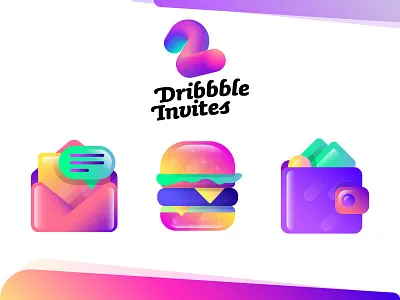 2x Dribbble Invites + Some Icons burger chat dribbble free gradients icons illustrations inbox invitations invites two wallet