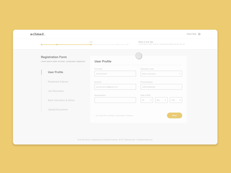 Registration Form bar clean flat form navigation pop up progress registration status ui ux