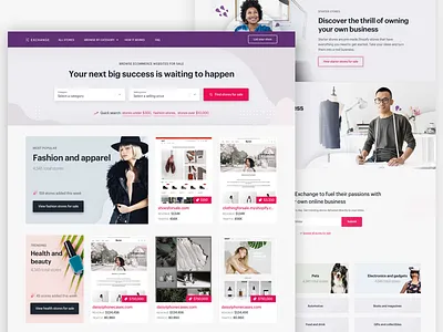 Improvements to Exchange Homepage buy exchange header hero landing page marketplace purple sell shopify stores