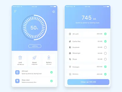 Cleaner Mobile App battery boost clean color junk optimize pie circle chart trash ux ui android ios app design