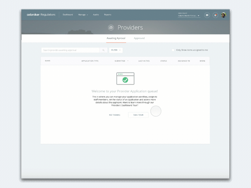 CEB Dashboard Tour dashboard empty state healthcare healthtech tour ui ux