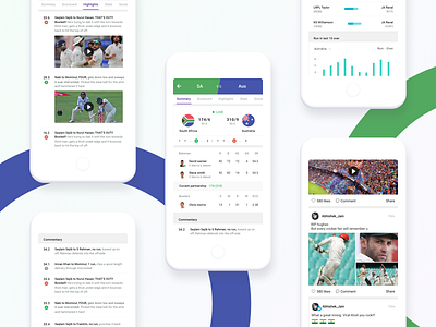 Cricket App app cricket game highlights match scorecard social sports stats ui ux