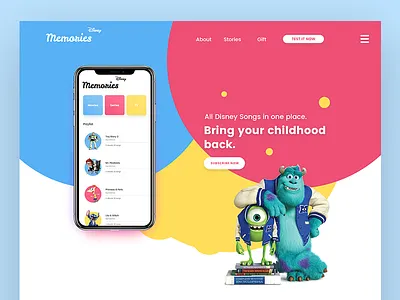 Disney Memories - Bring your childhood back. animation character disney flat iphone iphone8 iphonex landing page ui ux