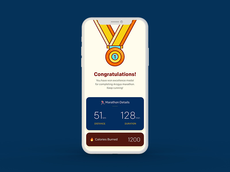 Example of Arogya Fitness App UI - Marathon Success Screen