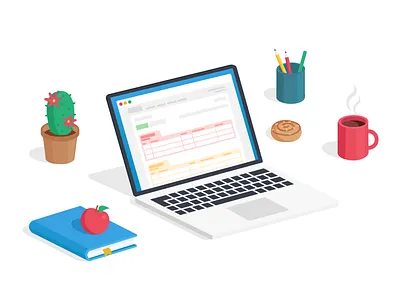 Landing page illustration apple bank book cactus coins computer finance illustrations invoice landing mug pencils