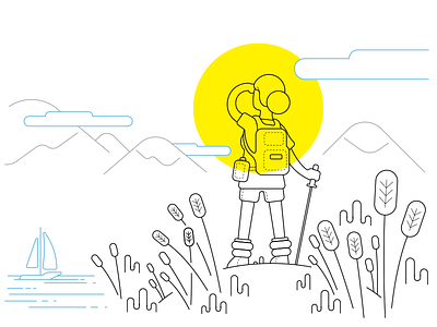 Hiking backpack camping clouds hiking lineart mountains nature outdoor sail sun traveling vector