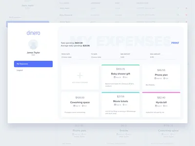Financial Manager Concept cards dashboard filters finances profile search