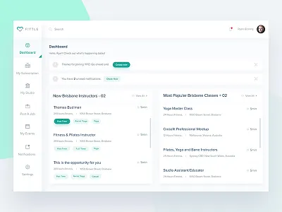 Studio Dashboard Design dashboard events instructor jobs minimal my jobs resume studio ui ux