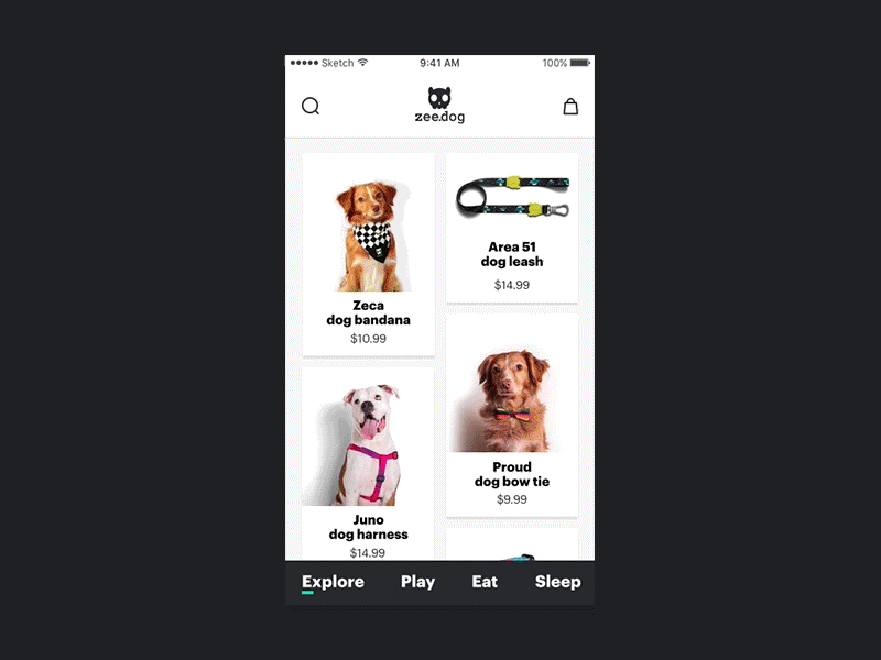 Zeedog Shopping App dogs ecommerce iphone x pets product card shopping store zeedog
