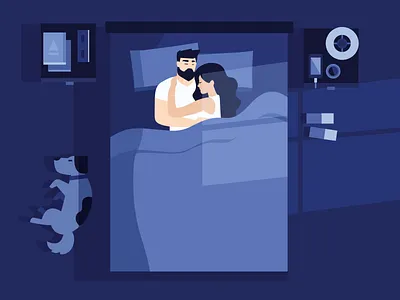 Long Sleep Together bed dog girl hug illustration light love man night room shadow together
