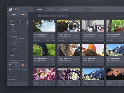 Screendesign Concept for VFX Workflow App cards dark filter hierarchy navigation pagination searchbar sidebar tree ui video webapp