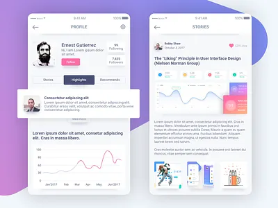 Ui Articles App chart details follow followers graph mobile application article profile recommends ui user interface design ux