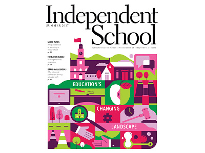 Independent School apple binoculars bubbles building computer hands houses laptop school tree