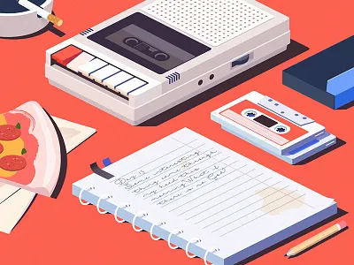Cassette Recorder cassette cigarette illustration iso isometric notebook pencil pizza player