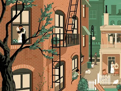 Rear Window buildings characters cinema digital film hitchcock illustration poster scenic window