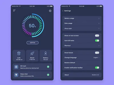 Cleaner Mobile App Dark Version battery best dribbble shot boost clean color dark app design optimize junk pie circle chart settings tab matte black trash ux ui android ios app design