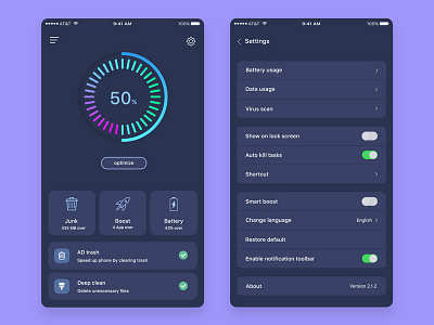 Cleaner Mobile App Dark Version battery best dribbble shot boost clean color dark app design optimize junk pie circle chart settings tab matte black trash ux ui android ios app design