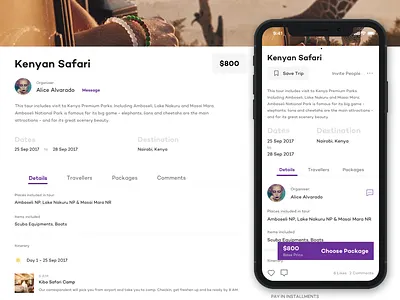 Trips - App and Web Version book comments detail explore listing package search travel trip user interface website