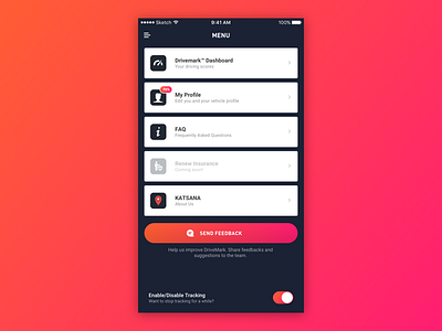 DRIVEMARK™ by KATSANA - Menu behaviour driving faq gradient graph katsana menu mobile profile statistics timeline tracking