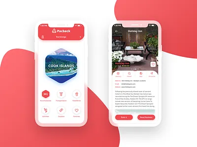 Pacback Travel accommodation app backpack drink food hotel location red transport travel ui design