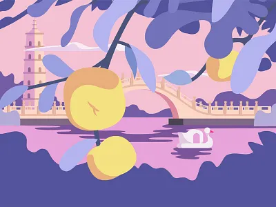 Autumn autumn boat bridge chinese duck golden persimmon tower tree