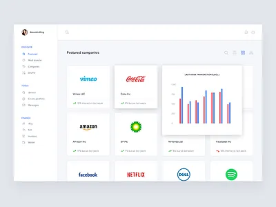 Fintech featured companies list advice app bank companies desktop featured finance list pie chart ui ux