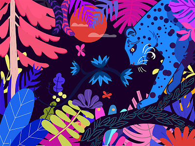 Colorful animal world blue colour crystal flat illustration leafs leopard paint plants
