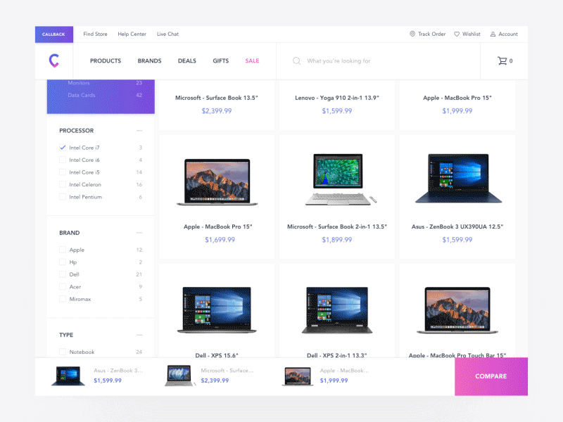 E-commerce - Add to compare list compare e commerce interaction interface prototype shop smooth ui ux white
