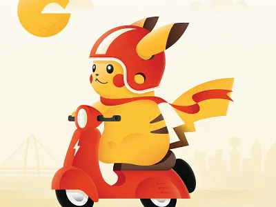 Cruisin' cruising dallas helmet illustration moped pika pikachu red sunny sunshine yellow