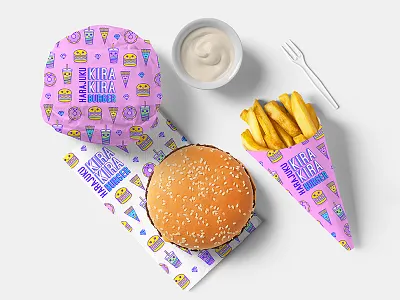 Harajuku Kira Kira Burger Identity branding burger design food identity illustration packaging pink