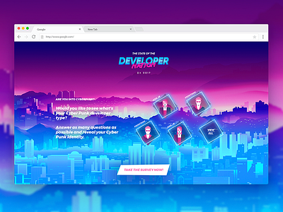 Landing Page 80s city cyberpunk developer effects futuristic lettering logo nation retro survey website
