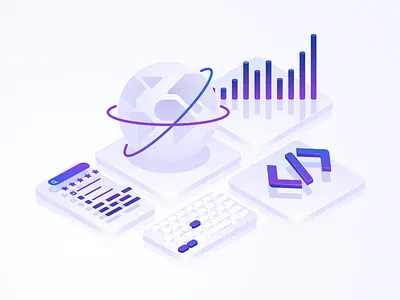 Algolia Cheat Sheet Illustrations earth globe graph illustration isometric keyboard purple tiles