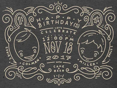 2 Birds Birthday Invite birthday doodle illustration invitation kids mono line scroll swoosh