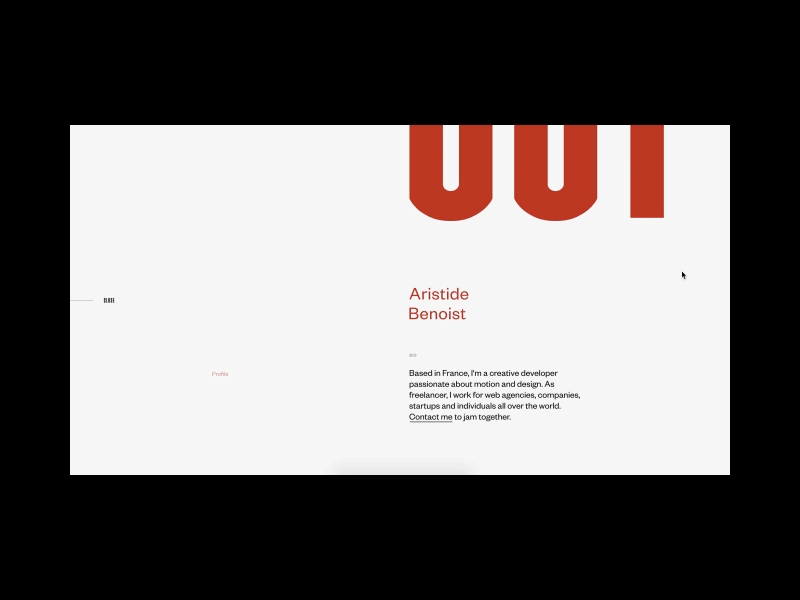 Aristide Benoist — About Page 3d about contact grid hero landing type ui ux webgl