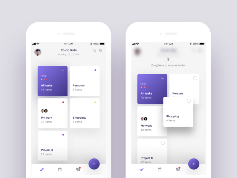 Example of ToDo list app - lists and remove task screen