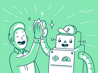 High 5 blog business character cover design editorial five high illustration man partner robot