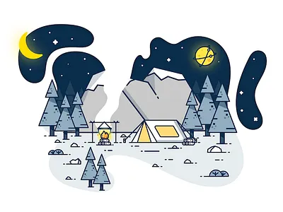 Camping camp camping fire forest moon pot tent