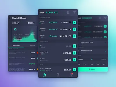 Crypto wallet app bitcoin cards crypto cryptocurrency dark dashboard design ethereum mobile ui