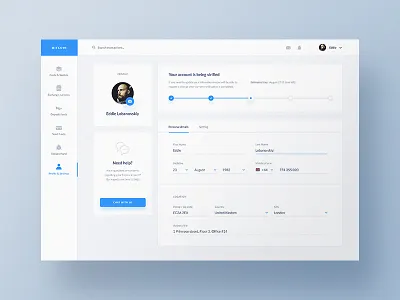 Crypteo — Bitcoin / Ethereum Exchange Dashboard address bitcoin dashboard details finance financial form menu personal profile steps verification