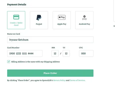 #DailyUI :: 002 - Credit Card Checkout checkout credit card dailyui ecommerce forms green minimalist shopping uidesign