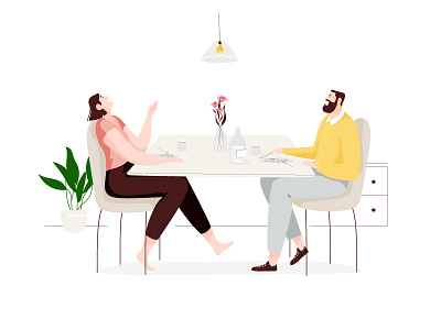 Fun app character dinner food fun illustration laughter man table web woman