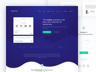 Cryptocurrency Landing Page bitcoin blockchain contact countdown cryptocurrency finance footer homepage landing newsletter partners team