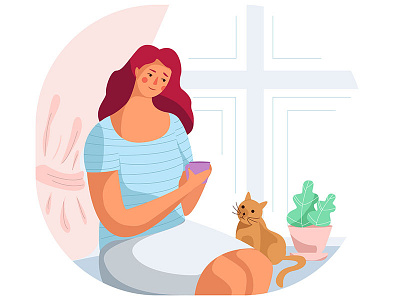 The Thoughtful cat character design flowers illustration tea window women