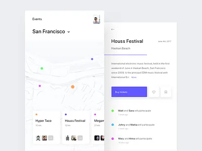 Events - Map & Info app cards discovery events ios map minimal mobile profile ui white