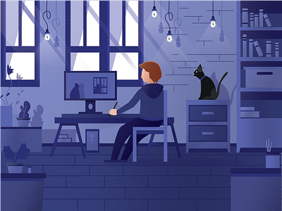 Home Workplace cat flat grain home office illustrator noise texture workspace