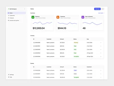 Fintech Dashboard with Invoices and Quotes clean dashboard fintech invoice quote simple web app