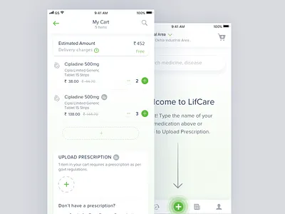 Order Medicine - My Cart & Home Screen app cards cart flat homescreen ios11 medicine order ui ux