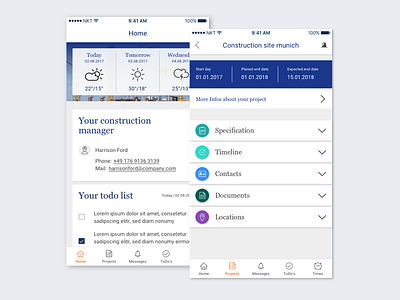 Paperless Construction Site accordion construction site dashboard flat interface list mobile phone ui ux weather widget