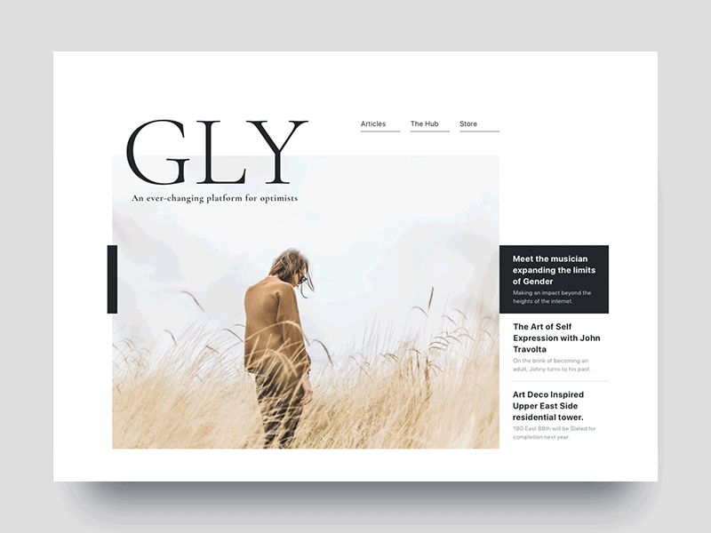 GLY Landing Page animation article blog button gif hero image interaction landing page splash