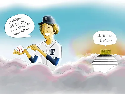 The Bird american baseball bird clouds detroit fidrych heaven illustration sports steps tigers watercolour